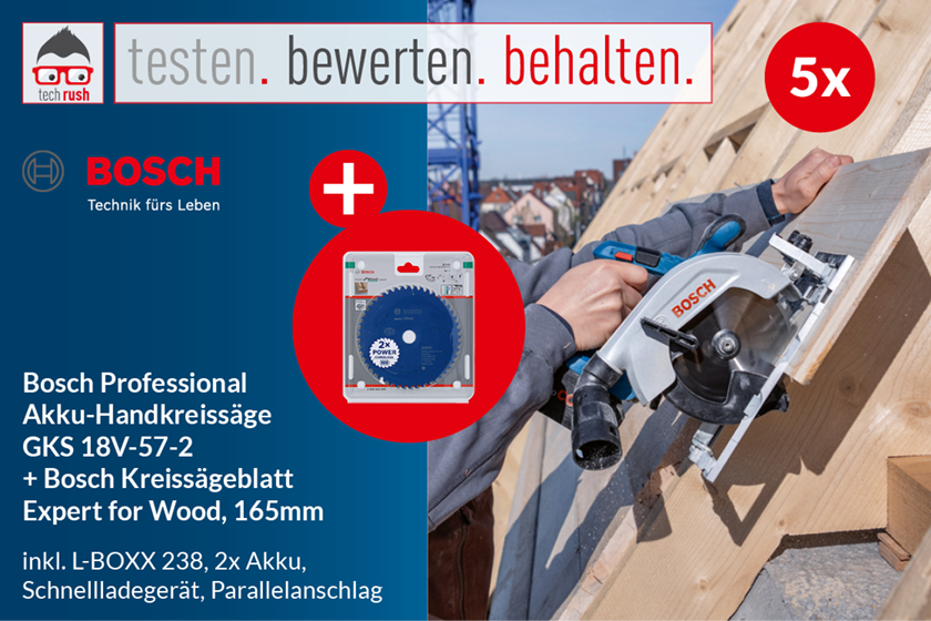 testen.bewerten.behalten. mit Bosch Professional: Verlost werden je 5 Mal die Akku-Handkreissäge GKS 18V-57-2 und das Bosch Kreissägeblatt Expert for Wood, 165 mm. Inklusive L-BOXX, 2x Akku und Schnellladegerät. Parallelanschlag möglich.