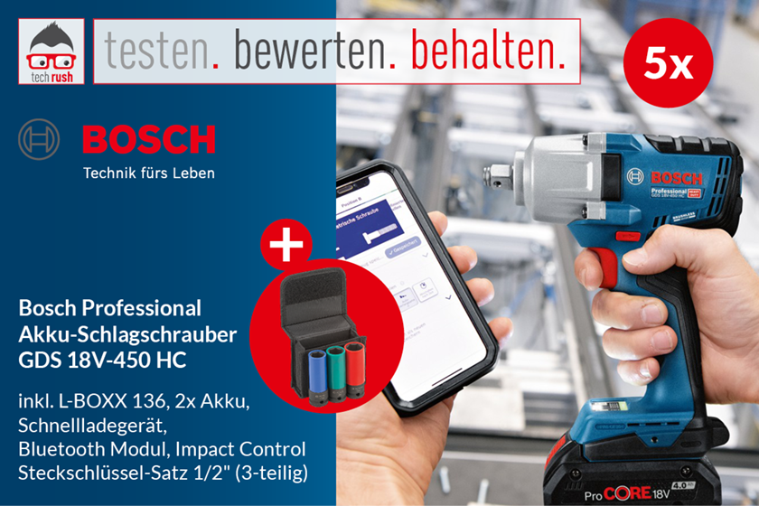 Jetzt als Werkzeug-Produkttester bei techrush bewerben! Zum Produkttest stehen fünf Bundles aus Bosch Akku-Drehschlagschrauber GDS 18V-450 HC und Impact Control Steckschlüssel-Satz 1/2" (3-teilig) bereit.