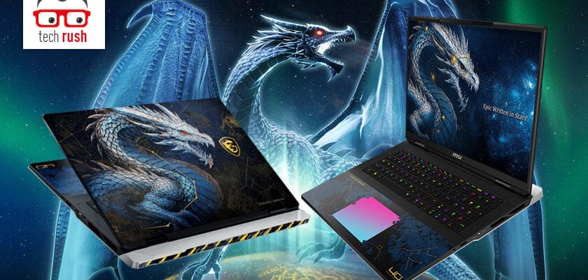 Zwei MSI-Gaming-Laptops mit Drachenmotiven vor einem großen blauen Drachen und einem dunklen, sternenbeleuchteten Hintergrund. Das Motiv begleitet einen Ratgeber zum Thema Gaming-Laptop kaufen: Worauf achten?