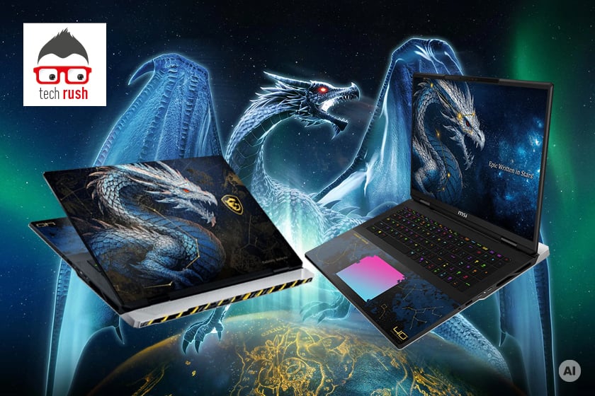 Zwei MSI-Gaming-Laptops mit Drachenmotiven vor einem großen blauen Drachen und einem dunklen, sternenbeleuchteten Hintergrund. Das Motiv begleitet einen Ratgeber zum Thema Gaming-Laptop kaufen: Worauf achten?