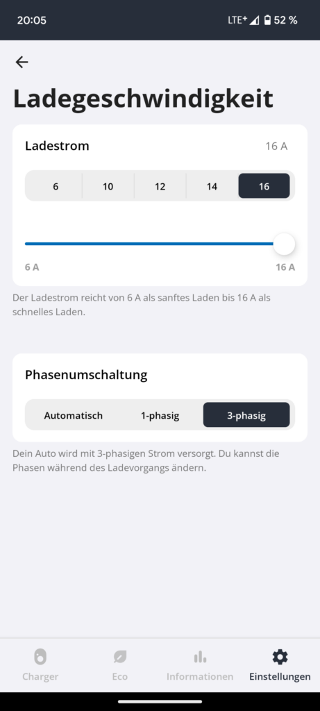 Hier kann man die Ladegeschwindigkeit in der App festlegen.