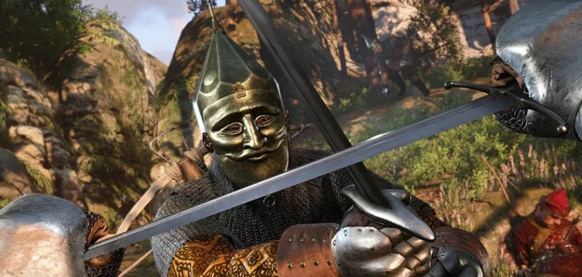 Ein Krieger mit Helm und Kettenhemd wehrt in Kingdom Come: Deliverance II einen gegnerischen Schwertangriff ab.