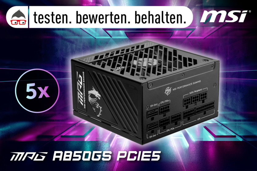 Zu sehen ist ein MSI MPG A850GS PCIE5 Netzteil vor einem futuristischem Hintergrund in lila und türkis. Text: "Teste. Bewerten. behalten. 5x MPG A850GS PCIE5"