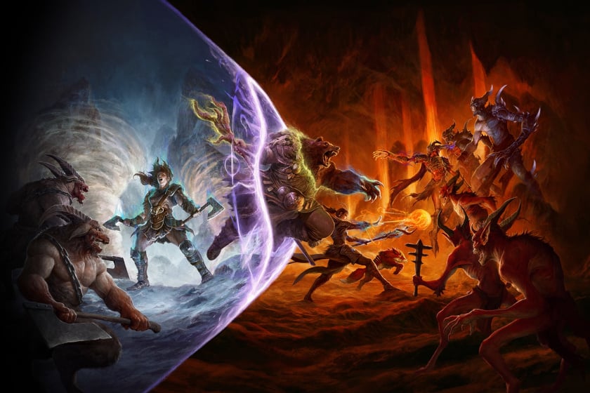 Eine epische Fantasy-Szene zeigt den Kampf zwischen Helden und Monstern: Links verteidigen Krieger und eine Gestalt mit Bärenkraft ihre Seite, während rechts Dämonen und Höllenkreaturen angreifen. In der Mitte trennt ein leuchtendes Schutzschild die beiden Fronten. Der Spieletitel ist derzeit kostenlos bei Steam spielbar.