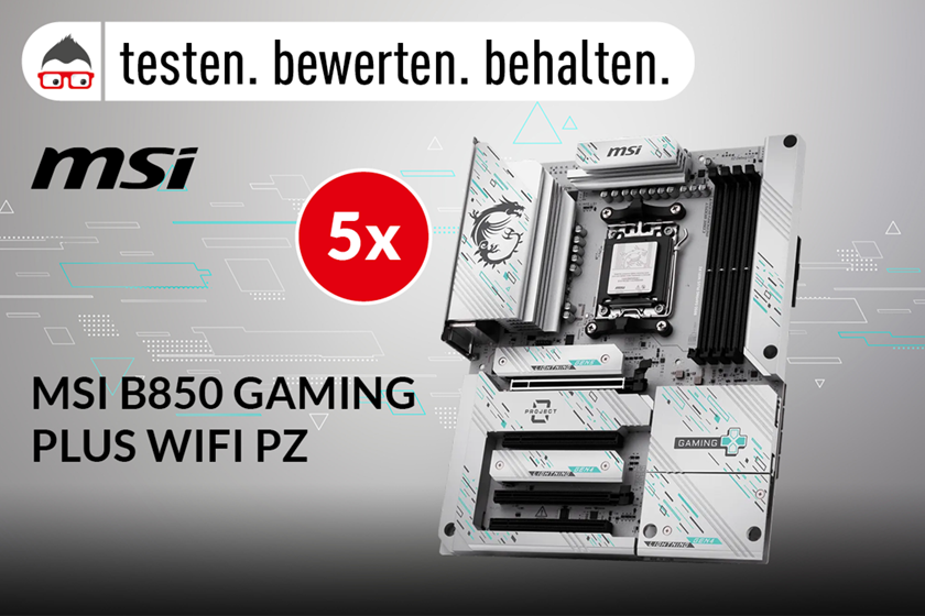 Abgebildet ist das Mainboard MSI B850 Gaming Plus WiFi PZ in Silber mit schwarzen und türkisfarbenen Akzenten. Links oben stehen die Logos „testen. bewerten. behalten.“ und MSI. Ein roter Kreis mit „5x“ weist auf verfügbare Geräte hin. Ideal für alle, die Produkttester werden möchten.
