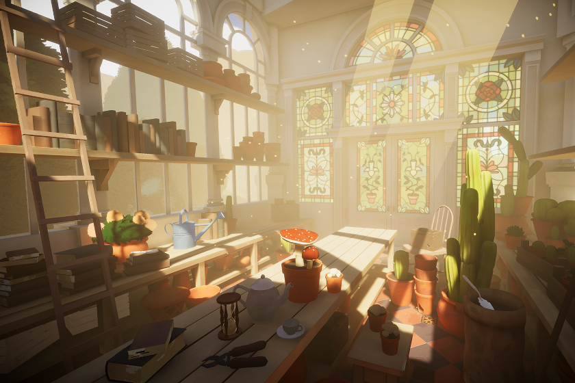 Das Bild zeigt einen hellen, stilisierten Wintergarten mit großen Fensterflächen und farbigen Glasfenstern, durch die warmes Sonnenlicht fällt. In dem Raum stehen Arbeitstische und Regale mit Blumentöpfen, Kakteen, Gartengeräten, Büchern und weiteren botanischen Objekten.