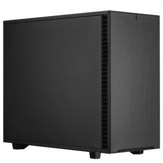 Zu sehen ist ein schwarzer PC in einem schlichten geschlossenen Gehäuse.