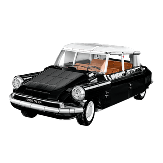 Abbildung des Konstruktions-Sets "1956 Citroen DS 19 Executive Edition" von COBI. KLemmbaustein-Modell eines Citroen-Oldtimers in Schwarz mit weißem Dach und silberner Stoßstange.