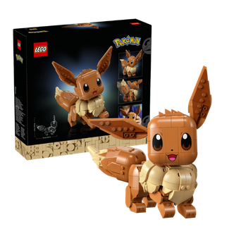 Abbildung des neuen LEGO Pokémon Sets "72151 Evoli" vor der Verpackung.