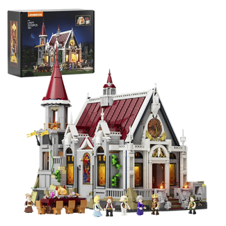 Abbildung des Konstruktions-Sets "Bankettsaal des Schlosses" von Lumibricks. Klemmbausteinmodell eines historischen Gebäudes mit Türmchen in Grau mit weißen Applikationen und einem roten Dach.