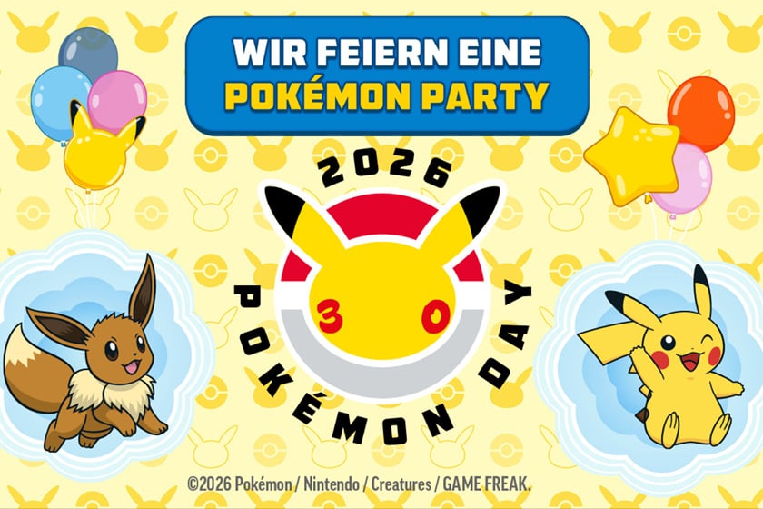 Banner mit Text „Wir feiern eine Pokémon Party“. In der Mitte ein rundes Logo „2026 Pokémon Day 30“ mit stilisiertem Pikachu-Kopf. Links ist Evoli abgebildet, rechts Pikachu. Im Hintergrund gelbes Muster mit Pokéball- und Pikachu-Silhouetten sowie bunte Luftballons. Unten Copyright-Hinweis: ©2026 Pokémon / Nintendo / Creatures / GAME FREAK.