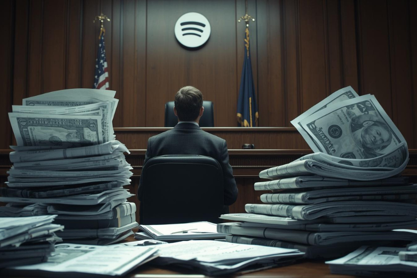 Symbolische Darstellung: Person sitzt vor einem Richterpult in einem Gerichtssaal, darüber das Spotify-Logo; im Vordergrund stapeln sich Geldscheine und Dokumente, daneben US-Flaggen im Hintergrund.