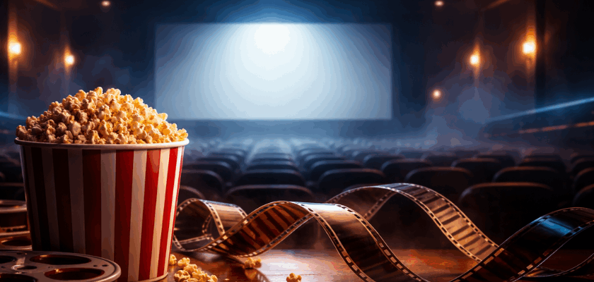 Cinematic Kinosaal mit leerer Leinwand, Popcorn im Vordergrund und Filmstreifen – atmosphärisches Bild für Kino-Neuheiten und Film-Highlights