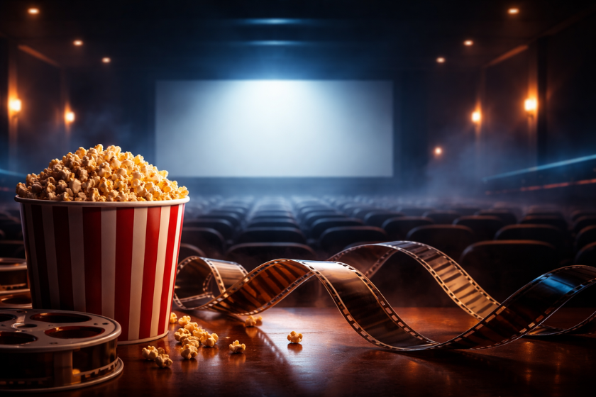 Cinematic Kinosaal mit leerer Leinwand, Popcorn im Vordergrund und Filmstreifen – atmosphärisches Bild für Kino-Neuheiten und Film-Highlights