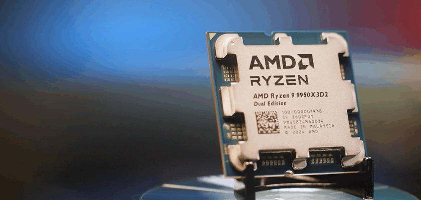 AMD Ryzen 9 9950X3D Prozessor (Dual Edition) auf einer Halterung, frontal fotografiert vor unscharfem blau-rotem Hintergrund.