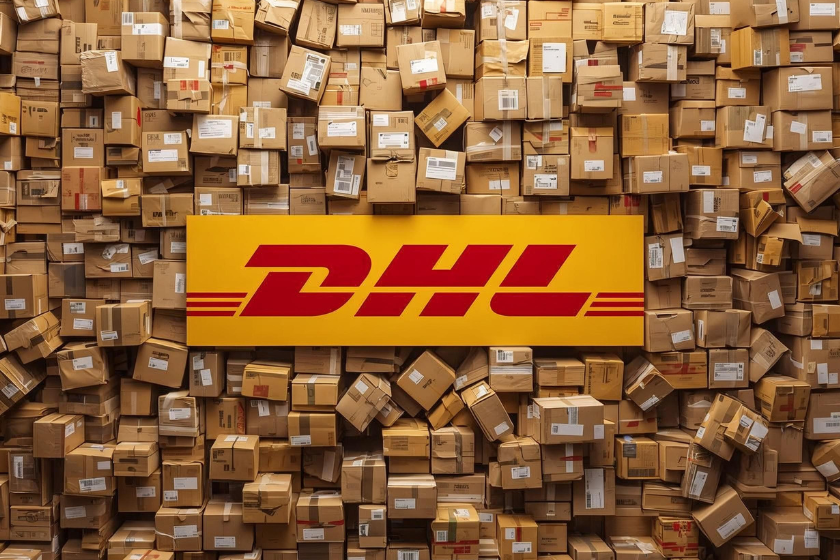 Große Menge gestapelter Versandpakete mit einem zentral platzierten DHL-Logo, symbolisiert hohe Paketflut und internationalen Versand.