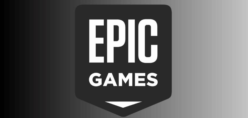 Schwarz-weißes Epic-Games-Logo in Schildform mit den Schriftzügen „EPIC“ und „GAMES“, platziert vor einem Hintergrund mit schwarzem bis grauem Farbverlauf.