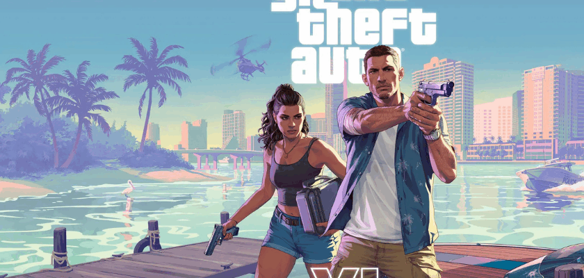 Illustration zu GTA VI mit zwei bewaffneten Figuren auf einem Steg vor einer tropischen Stadtkulisse, Palmen und Helikopter im Hintergrund