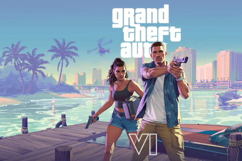 Illustration zu GTA VI mit zwei bewaffneten Figuren auf einem Steg vor einer tropischen Stadtkulisse, Palmen und Helikopter im Hintergrund