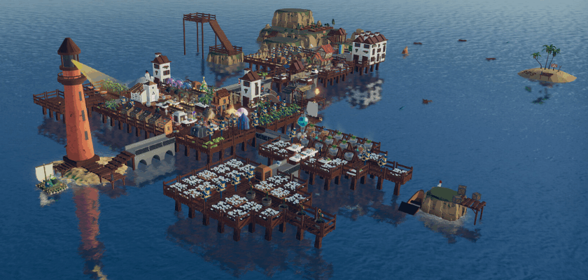 Auf dem Meer gebaute Spielszene mit einer weitläufigen schwimmenden Siedlung, die aus Holzplattformen, Häusern, Feldern und einem Leuchtturm besteht.
