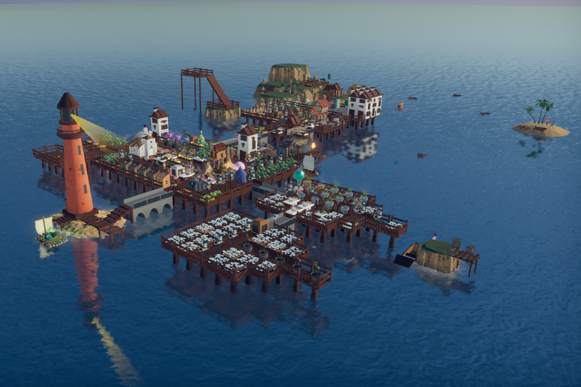 Auf dem Meer gebaute Spielszene mit einer weitläufigen schwimmenden Siedlung, die aus Holzplattformen, Häusern, Feldern und einem Leuchtturm besteht.