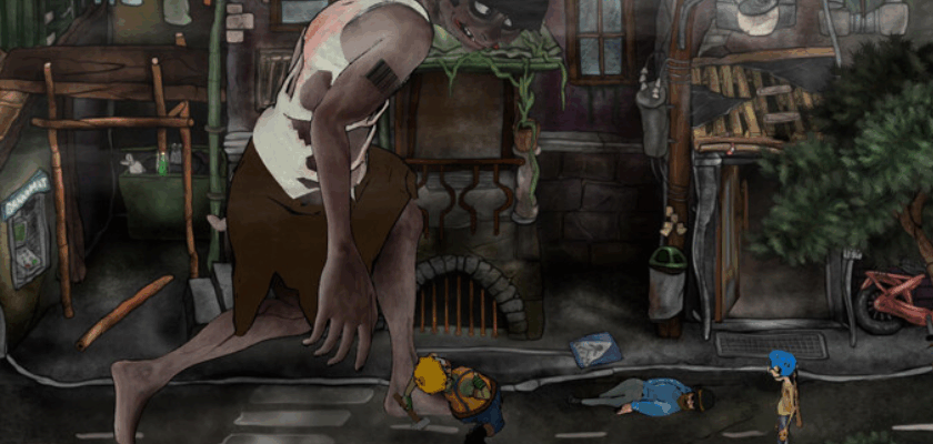 Handgezeichnete Spielszene mit einer riesigen, düsteren Gestalt, die durch eine Straße läuft, während kleine Figuren und bewusstlose Personen in einer detailreichen, leicht surrealen Stadtumgebung zu sehen sind.