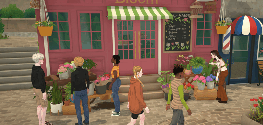 Bunte Spielszene aus der Lebenssimulation Paralives mit mehreren Figuren vor einem Blumenladen namens „Bloom“, umgeben von Pflanzen, Blumentöpfen und einer lebendigen Straßenszene.