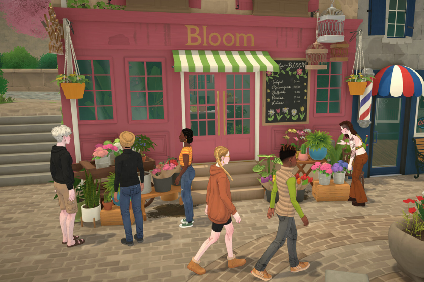 Bunte Spielszene aus der Lebenssimulation Paralives mit mehreren Figuren vor einem Blumenladen namens „Bloom“, umgeben von Pflanzen, Blumentöpfen und einer lebendigen Straßenszene.