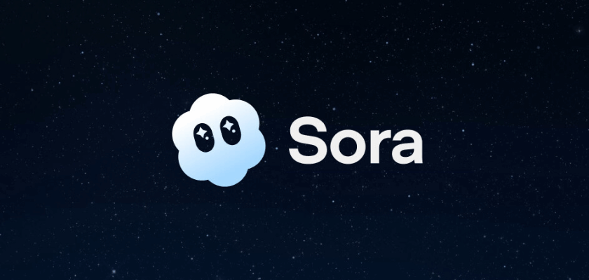 Logo der KI-Video-App „Sora“ vor einem dunklen, sternenähnlichen Hintergrund, mit einem stilisierten, wolkenförmigen Icon neben dem Schriftzug.