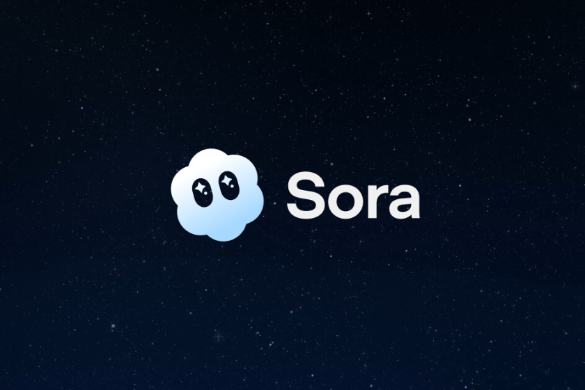 Logo der KI-Video-App „Sora“ vor einem dunklen, sternenähnlichen Hintergrund, mit einem stilisierten, wolkenförmigen Icon neben dem Schriftzug.