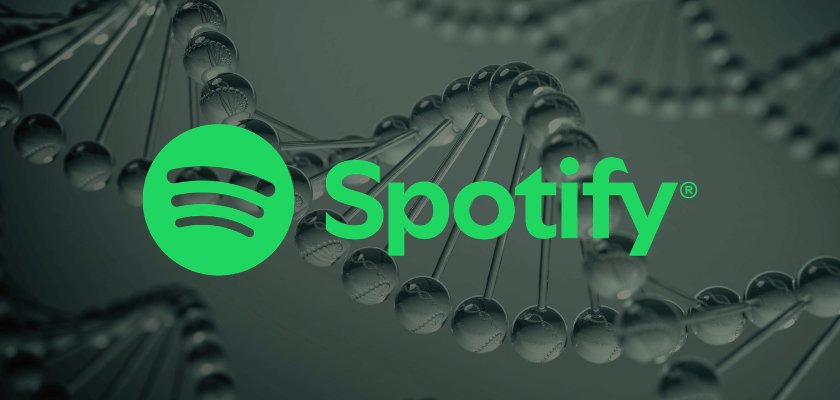 Spotify-Logo in Grün vor einem dunklen Hintergrund mit stilisierter DNA-Helix, die das Konzept von „SongDNA“ und musikalischen Verbindungen visualisiert.