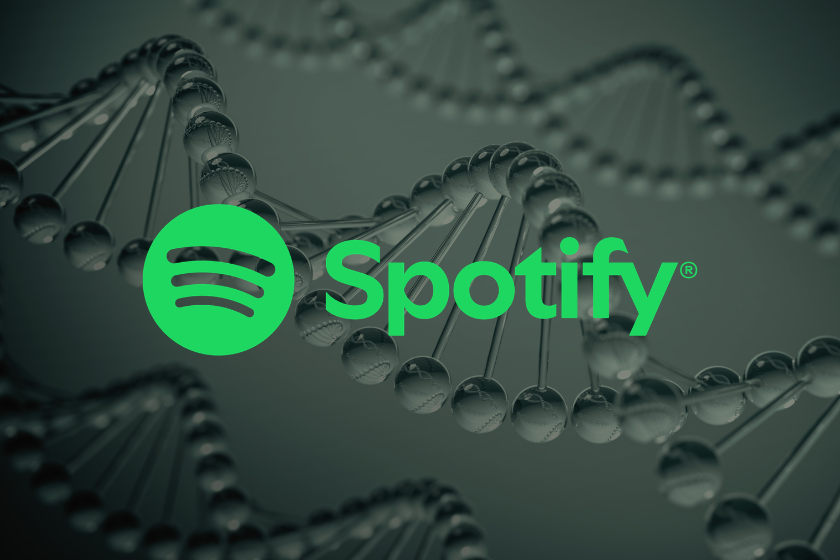 Spotify-Logo in Grün vor einem dunklen Hintergrund mit stilisierter DNA-Helix, die das Konzept von „SongDNA“ und musikalischen Verbindungen visualisiert.