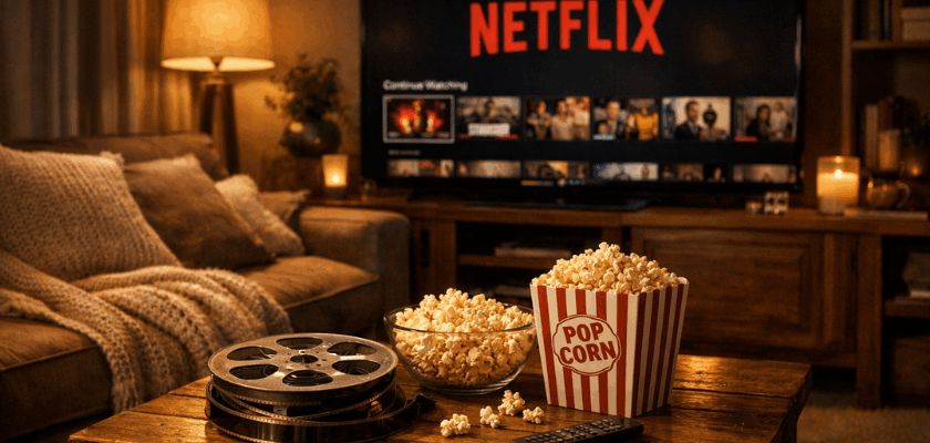 Gemütliches Wohnzimmer mit Fernseher, auf dem Netflix läuft, davor Popcorn und Fernbedienung auf dem Tisch – Streaming-Abend zuhause