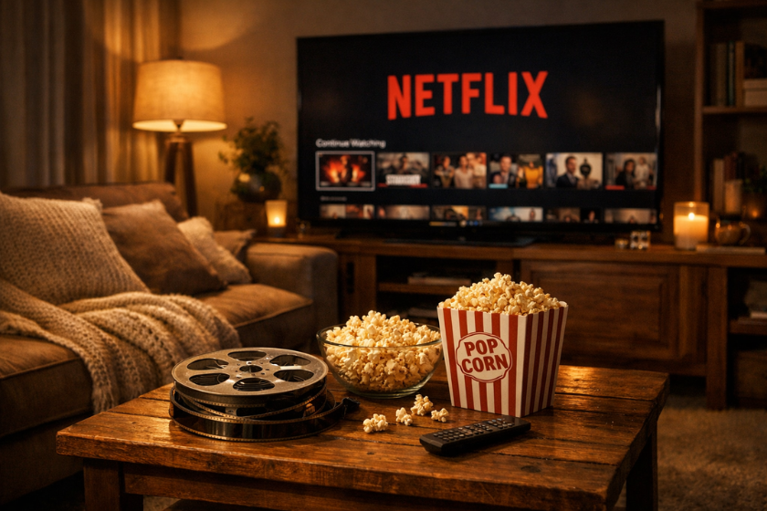 Gemütliches Wohnzimmer mit Fernseher, auf dem Netflix läuft, davor Popcorn und Fernbedienung auf dem Tisch – Streaming-Abend zuhause
