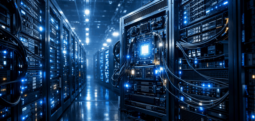 Moderner Serverraum mit mehreren Reihen von schwarzen Serverschränken, gefüllt mit blinkender Hardware und blauen LED-Leuchten; im Vordergrund ein offenes Rack mit sichtbaren Kabeln und Hochleistungsrechnern, beleuchtet in kühler, futuristischer Atmosphäre