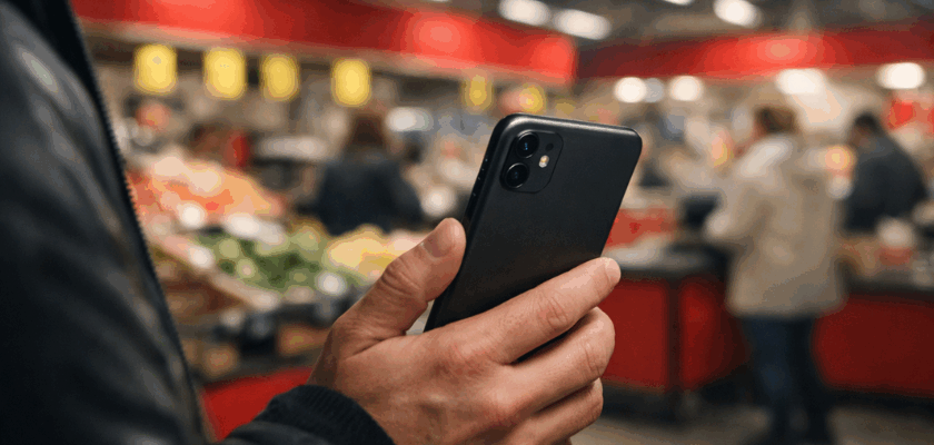 Person hält ein Smartphone seitlich in der Hand in einem Supermarkt, während der Hintergrund mit Obst- und Gemüsebereich unscharf ist.