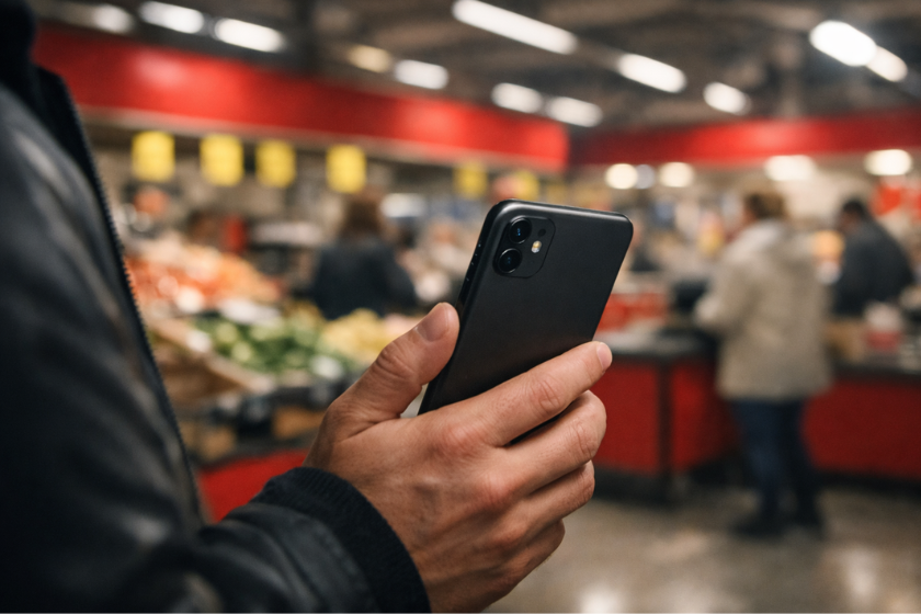 Person hält ein Smartphone seitlich in der Hand in einem Supermarkt, während der Hintergrund mit Obst- und Gemüsebereich unscharf ist.