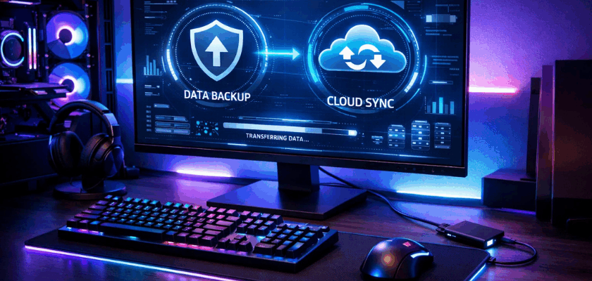 Gaming-Setup mit RGB-Beleuchtung: Monitor zeigt Daten-Backup und Cloud-Synchronisation, daneben externe Festplatte auf dem Schreibtisch