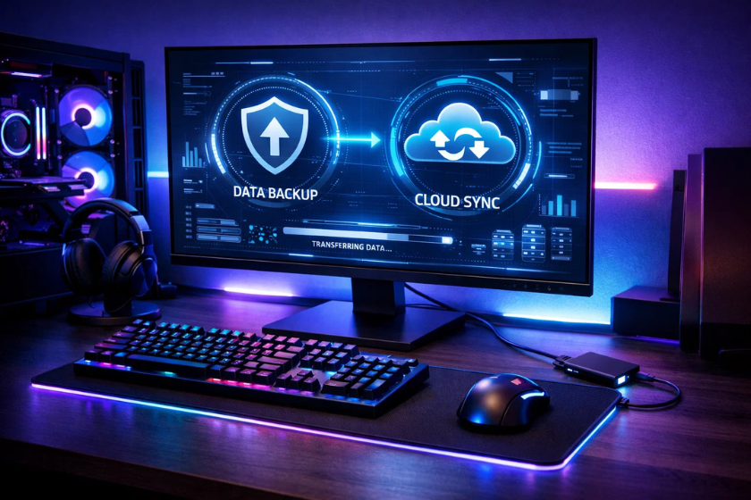 Gaming-Setup mit RGB-Beleuchtung: Monitor zeigt Daten-Backup und Cloud-Synchronisation, daneben externe Festplatte auf dem Schreibtisch