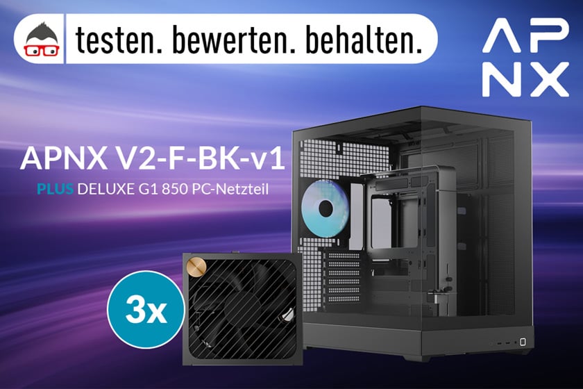 Banner zum Produkttest des APNX V2-F-BK-v1 PLUS DELUXE G1 850W PC-Netzteils mit abgebildetem PC-Gehäuse und Netzteil sowie dem Hinweis ‚testen. bewerten. behalten.‘ und ‚3x‘.“