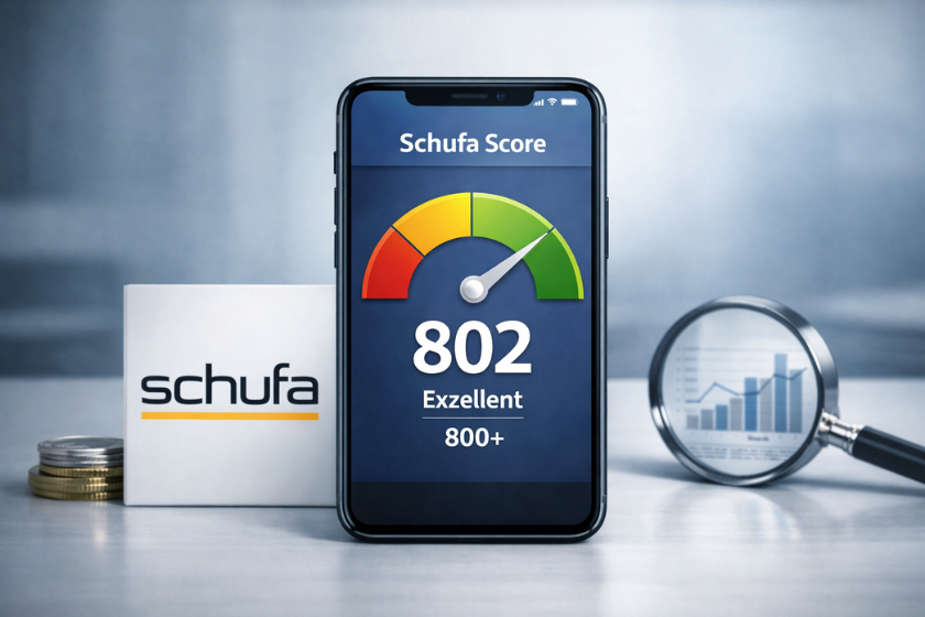 Smartphone mit SCHUFA-Score-Anzeige (802, exzellent) auf einem Schreibtisch, daneben Münzen, ein SCHUFA-Logo und eine Lupe mit Diagramm im Hintergrund.