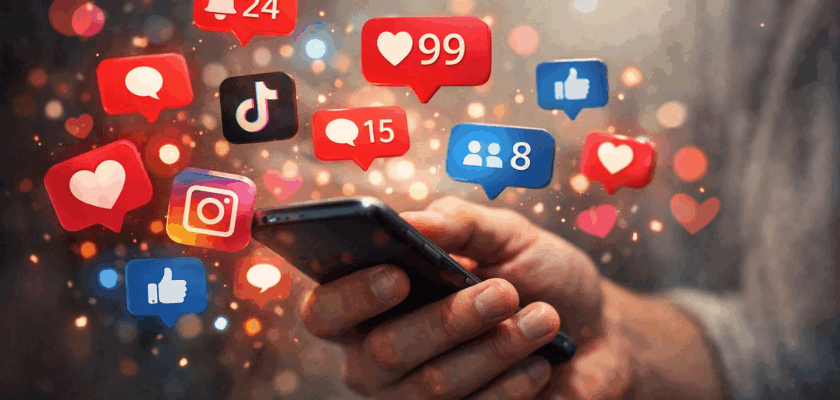 Hand hält Smartphone, umgeben von schwebenden Social-Media-Icons wie Likes, Herzen und Benachrichtigungen von Instagram, TikTok und Facebook.