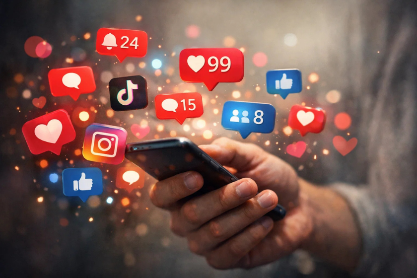 Hand hält Smartphone, umgeben von schwebenden Social-Media-Icons wie Likes, Herzen und Benachrichtigungen von Instagram, TikTok und Facebook.
