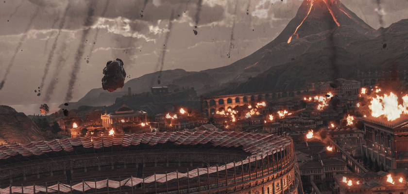Ein ausbrechender Vulkan schleudert Lava und Asche über eine antike Stadt, während Gebäude in Flammen stehen und Trümmer vom Himmel fallen – im Vordergrund ist ein großes Amphitheater zu sehen.