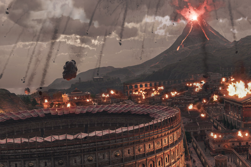 Ein ausbrechender Vulkan schleudert Lava und Asche über eine antike Stadt, während Gebäude in Flammen stehen und Trümmer vom Himmel fallen – im Vordergrund ist ein großes Amphitheater zu sehen.