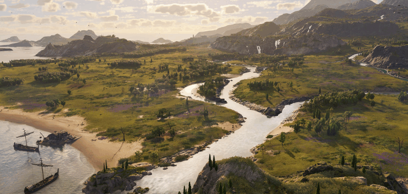 Weite Landschaft mit Fluss, der sich durch grüne Ebenen bis zur Küste schlängelt, Segelschiffen am Ufer und einem Vulkan im Hintergrund aus dem DLC Die Verheißung des Vulkans