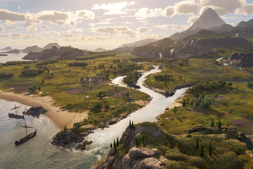 Weite Landschaft mit Fluss, der sich durch grüne Ebenen bis zur Küste schlängelt, Segelschiffen am Ufer und einem Vulkan im Hintergrund aus dem DLC Die Verheißung des Vulkans
