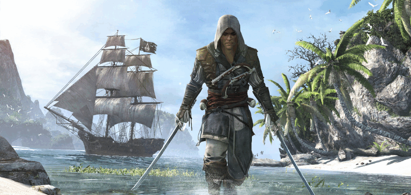 Assassin’s Creed Black Flag Szene mit Edward Kenway, der mit gezogenen Schwertern durch flaches Wasser an einem tropischen Strand läuft, im Hintergrund ein großes Segelschiff und Palmen.