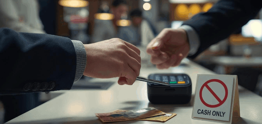Seitliche Nahaufnahme an einer Kasse: Eine Person hält eine Bankkarte an ein Kartenlesegerät, während eine andere Person Bargeld bereithält. Daneben steht ein „Cash Only“-Schild mit durchgestrichenem Symbol. Die Szene zeigt den Kontrast zwischen Bar- und Kartenzahlung in einem modernen Geschäft.