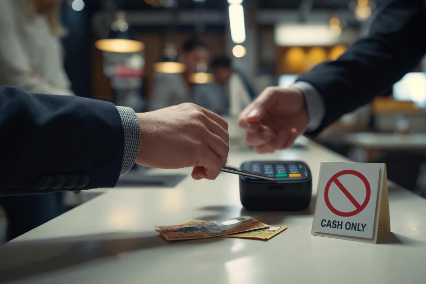 Seitliche Nahaufnahme an einer Kasse: Eine Person hält eine Bankkarte an ein Kartenlesegerät, während eine andere Person Bargeld bereithält. Daneben steht ein „Cash Only“-Schild mit durchgestrichenem Symbol. Die Szene zeigt den Kontrast zwischen Bar- und Kartenzahlung in einem modernen Geschäft.